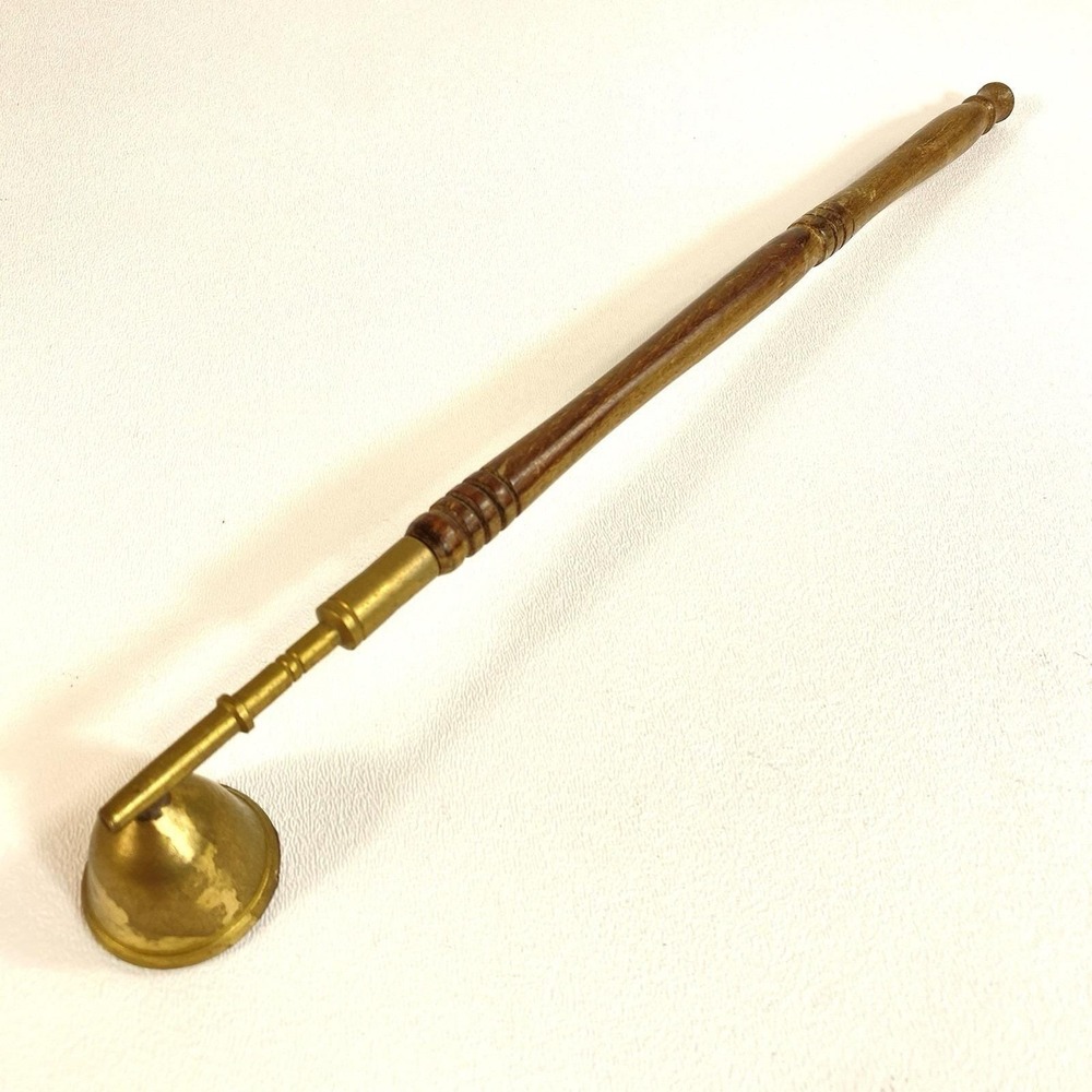 Vintage Brass & Wood Long Candle Snuffer Wick Extinguisher Primitive